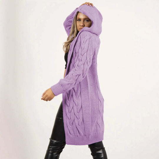 Damen Strickmantel mit Kapuze und Zopfmuster R&B