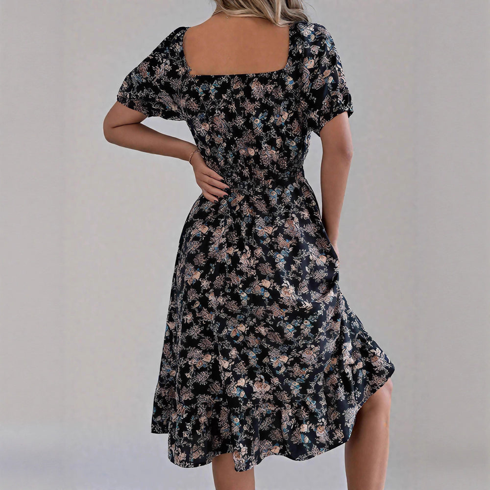 Damen sommerliches Blumenkleid mit Puffärmeln und Rüschensaum R&B