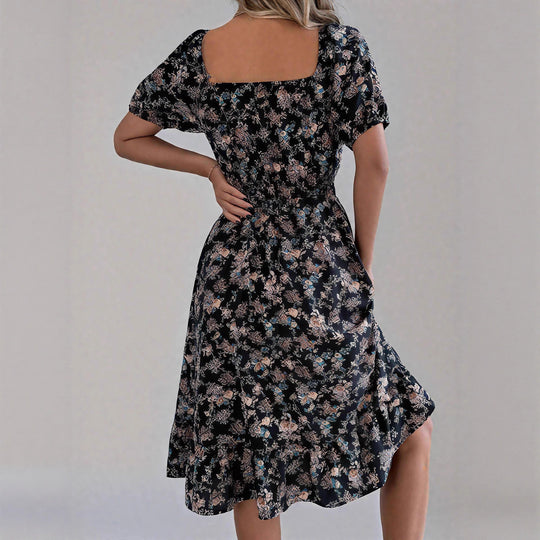 Damen sommerliches Blumenkleid mit Puffärmeln und Rüschensaum R&B
