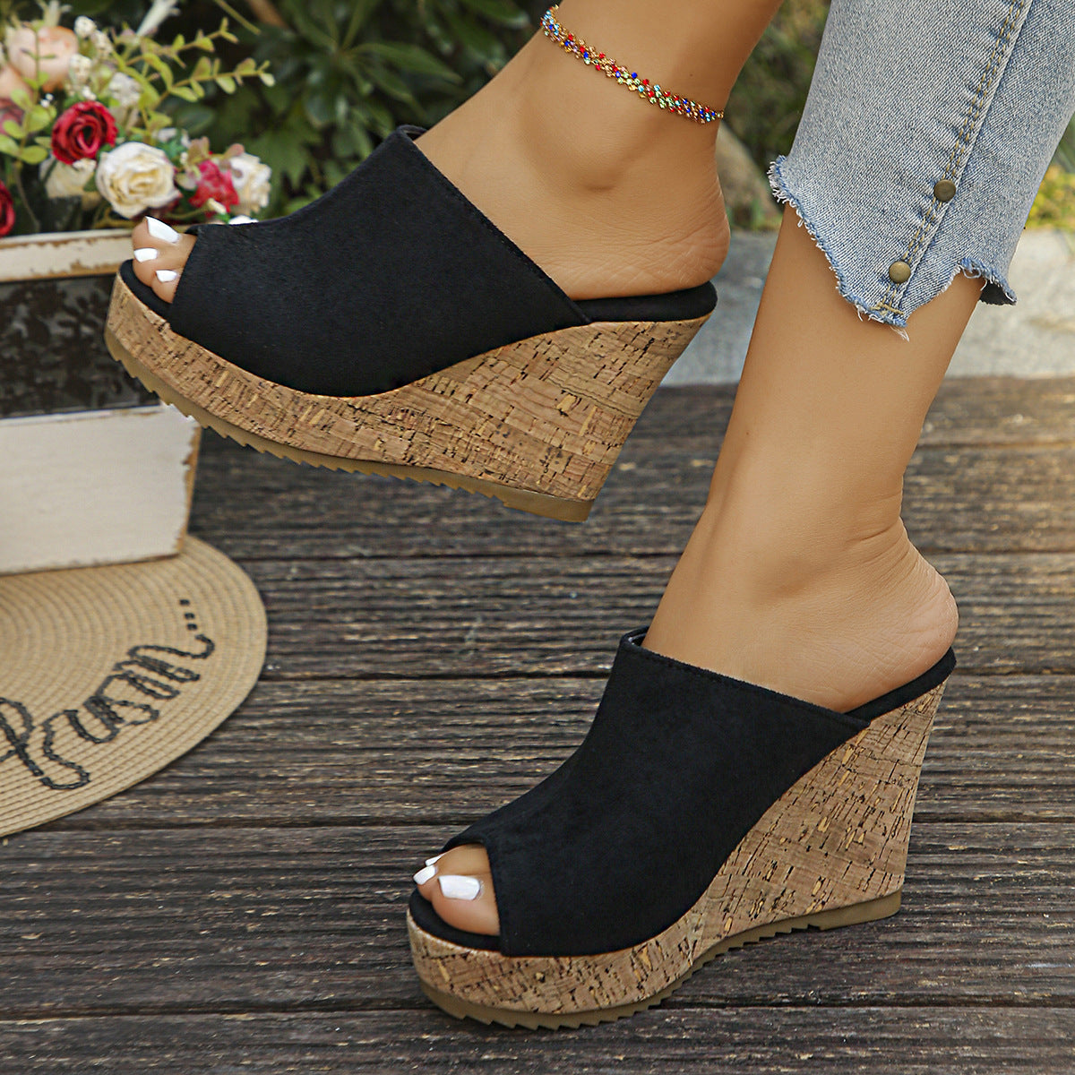 Damen Wedge-Pantoletten mit modischem Kork-Design und weichem Obermaterial
