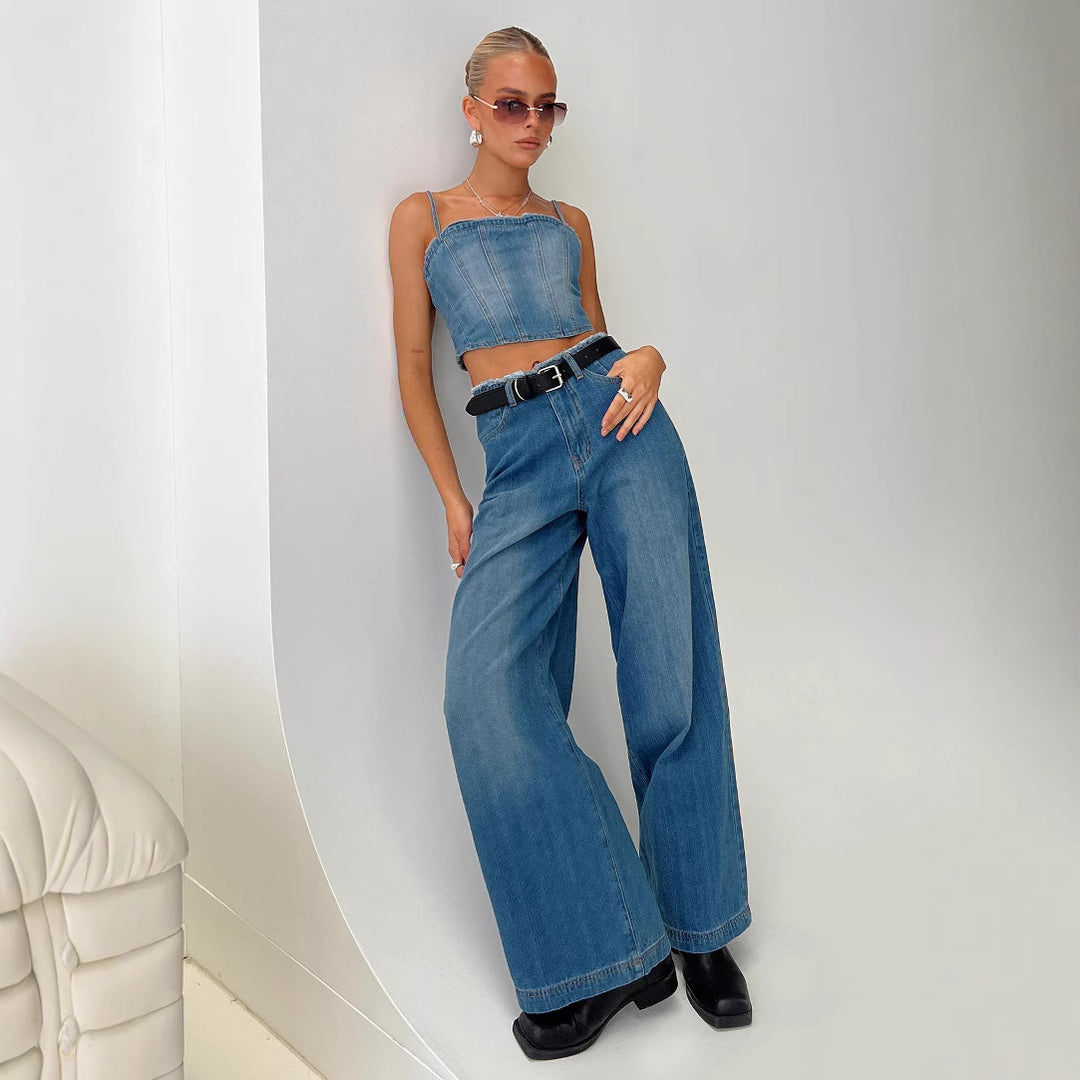 Damen weite Denim-Jeans mit hohem Bund und fransigem Saum R&B