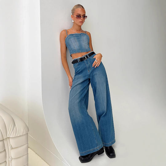 Damen weite Denim-Jeans mit hohem Bund und fransigem Saum R&B