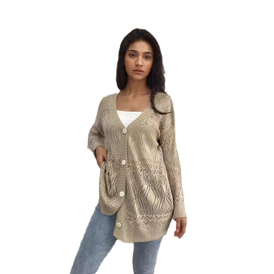 Damen Strickjacke mit feinem Lochmuster und eleganten Knopfdetails R&B