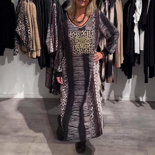 Damen nan fließendes Paneel-Longdress mit Patchwork-Animalprint und goldfarbener Brustapplikation R&B