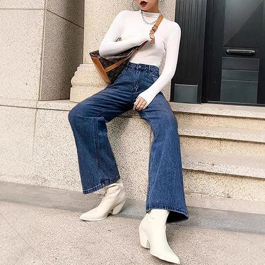 Damen Weite High-Waist Jeans mit praktischen Taschen