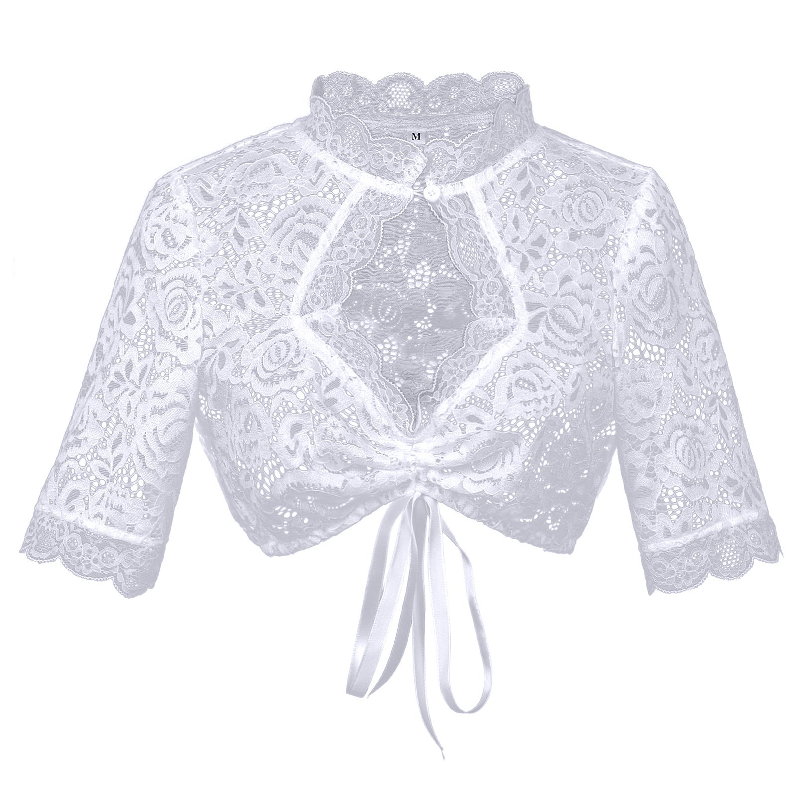 Damen nan Spitzenbolero Bluse mit Stehkragen, 3/4 Ärmeln und BindR&Band R&B