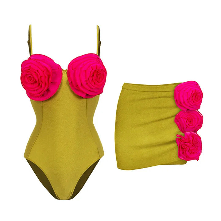 Damen Badeanzug-Set mit verspielten Blumendekorationen R&B