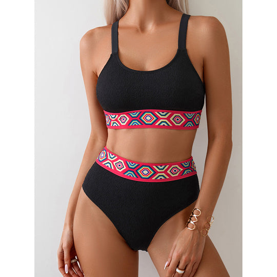 Damen Sportlicher Hochtaillen-Bikini mit buntem elastischen Bund R&B