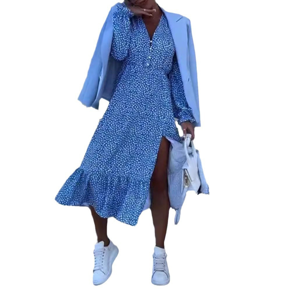 Damen nan Viskose-Midikleid mit V-Ausschnitt, Knopfleiste, gerafftem Tailleneinsatz und asymmetrischem Volant R&B