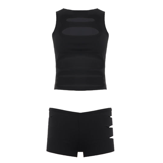 Damen Sportliches Crop-Oberteil und Shorts-Set mit dekorativen Cut-Outs R&B