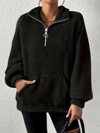Damen kuscheliger Fleece-Pullover mit halbem Reißverschluss und Seitentaschen