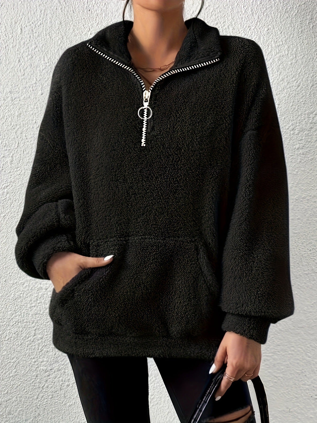 Damen kuscheliger Fleece-Pullover mit halbem Reißverschluss und Seitentaschen