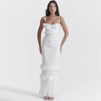 Damen elegantes Spitzen-Maxikleid mit Rüschendetails und schmalen Spaghettiträgern R&B