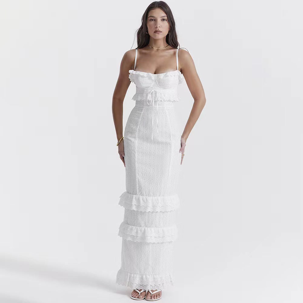 Damen elegantes Spitzen-Maxikleid mit Rüschendetails und schmalen Spaghettiträgern R&B
