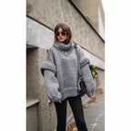Damen Oversized Strickpullover mit hohem Kragen und voluminösen Ärmeln R&B