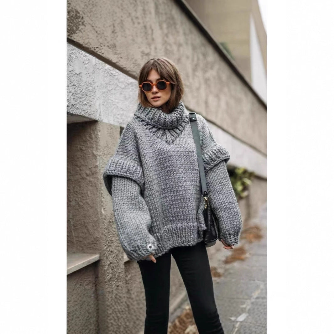 Damen Oversized Strickpullover mit hohem Kragen und voluminösen Ärmeln R&B