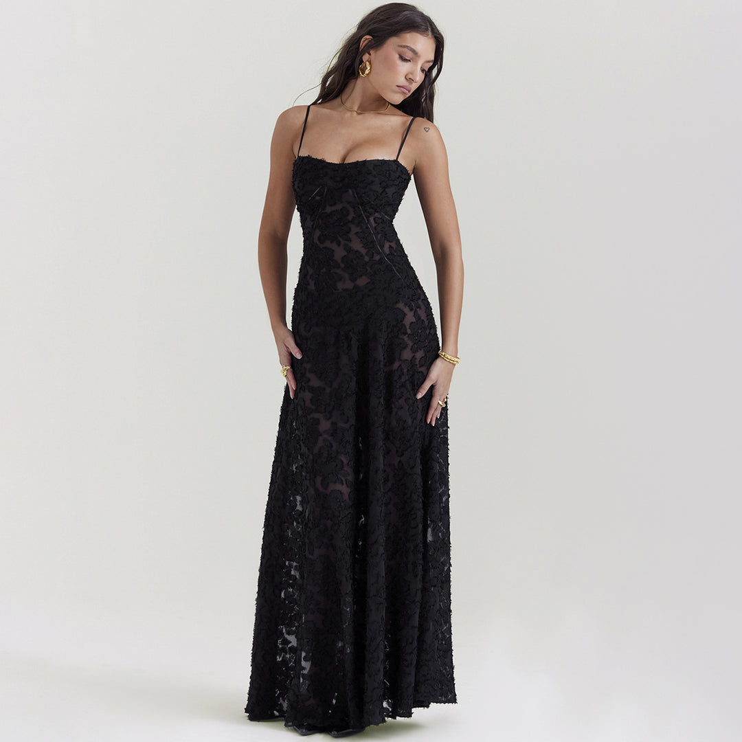 Damen elegantes Abendkleid mit feinen Spitzenverzierungen und Spaghettiträgern R&B