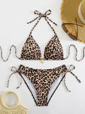 Damen Triangel-Bikini mit verspielten BindR&Bändern und modischem Leopardenmuster R&B