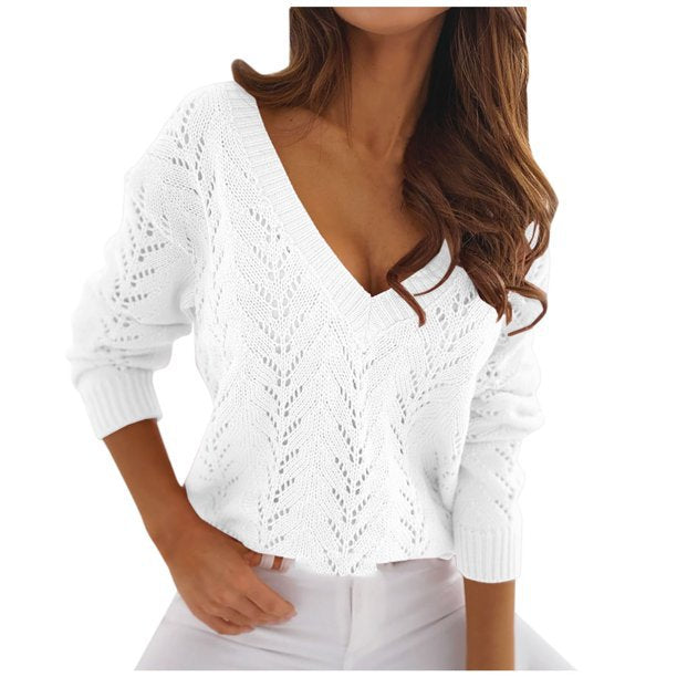 Damen V-Ausschnitt Strickpullover mit romantischem Zopfmuster R&B