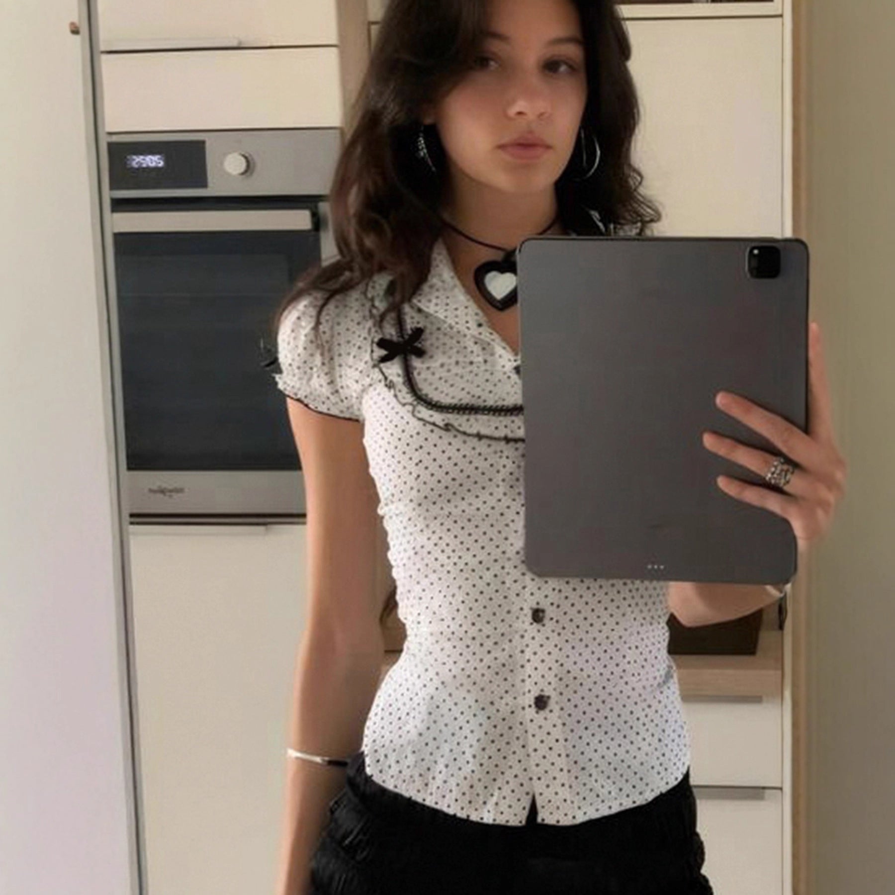 Damen Vintage Polka Dot Bluse mit Puffärmeln R&B