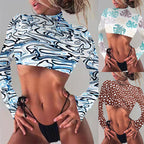 Damen Crop-Top mit langen Ärmeln und exotischem Blattmuster R&B