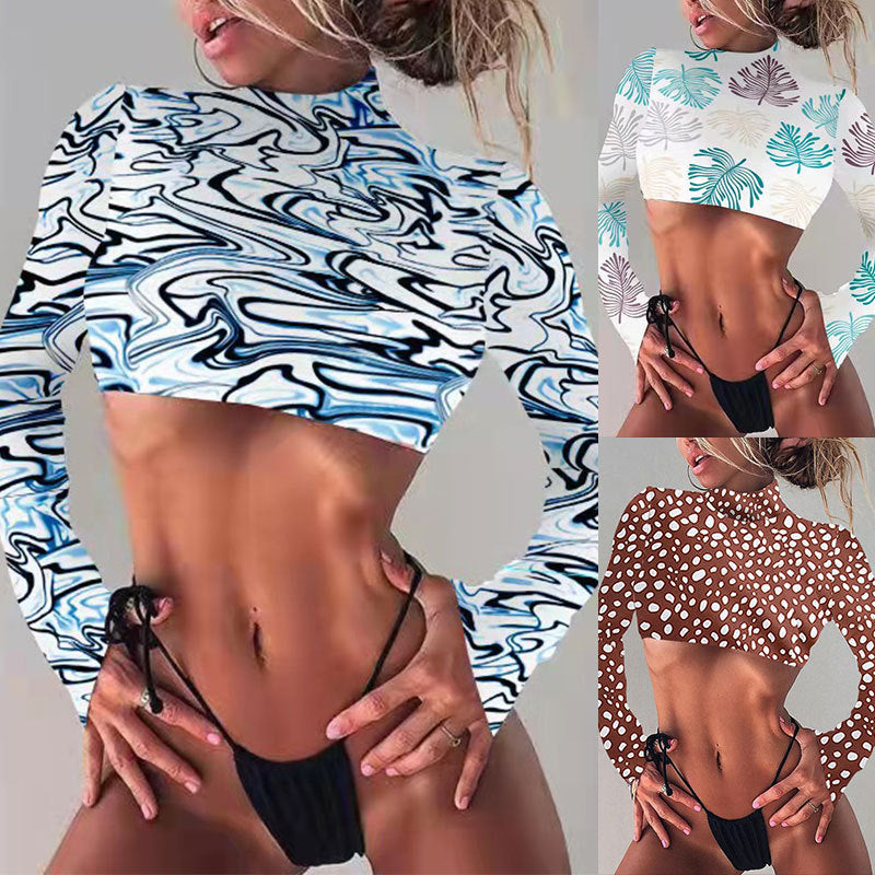 Damen Crop-Top mit langen Ärmeln und exotischem Blattmuster R&B