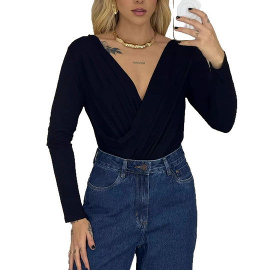 Damen Wickeloberteil mit tiefem V-Ausschnitt und Drapé-Design R&B