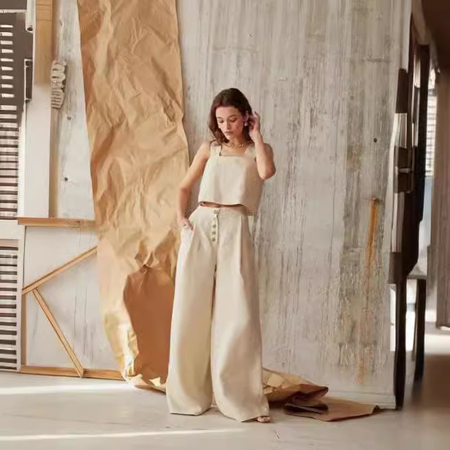 Damen lässiges Leinen-Top mit quadratischem Ausschnitt und weiten Hosen R&B