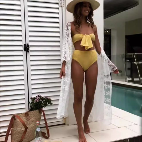 Damen Bandeau-Bikini mit strukturierter Textur und breitem Schleifen-Design R&B