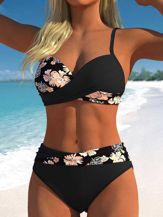 Damen Bikini-Set mit floralem Wickelmuster und bequemen High-Waist-Höschen R&B