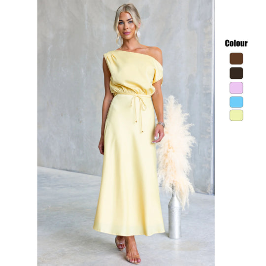 Damen Maxi-Kleid mit schulterfreiem Design und elastischem Taillenbund R&B