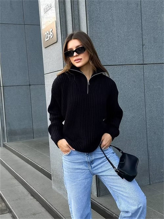 Damen Grober Strickpullover mit hohem Kragen und Reißverschluss R&B