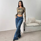 Damen Figurbetontes Langarmshirt mit Raffung und einzigartigem Camouflage-Design R&B