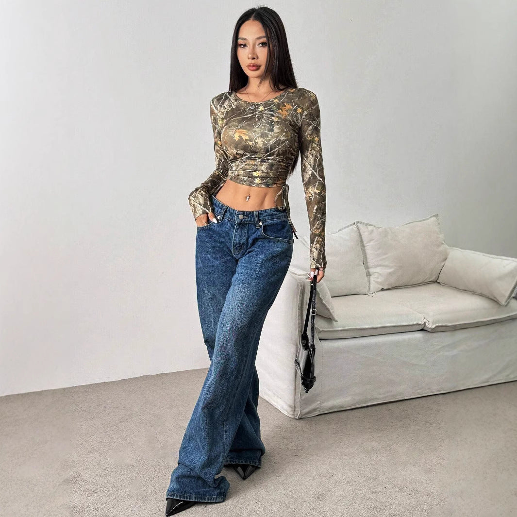 Damen Figurbetontes Langarmshirt mit Raffung und einzigartigem Camouflage-Design R&B