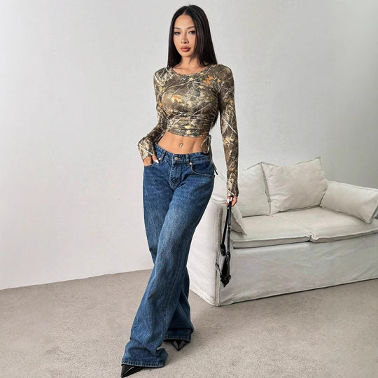 Damen Figurbetontes Langarmshirt mit Raffung und einzigartigem Camouflage-Design R&B