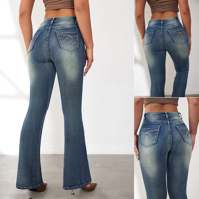 Damen Flared Jeans im Vintage-Stil mit hohem Bund und modischen Waschungen R&B