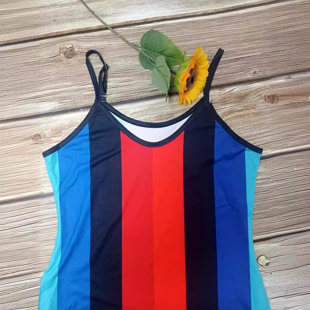 Damen Maxikleid mit tiefem V-Ausschnitt und modischem Streifenmuster R&B