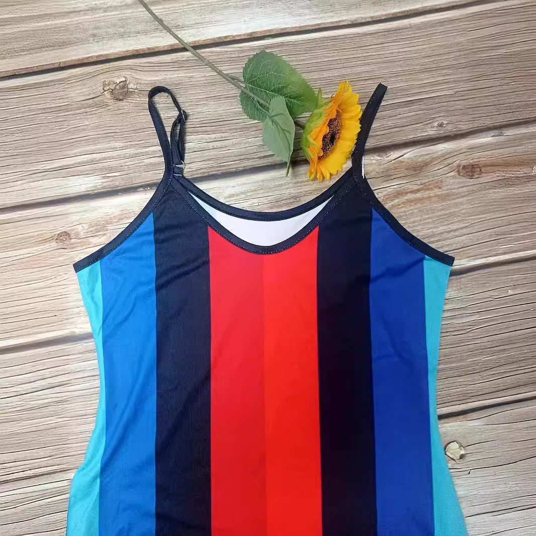 Damen Maxikleid mit tiefem V-Ausschnitt und modischem Streifenmuster R&B