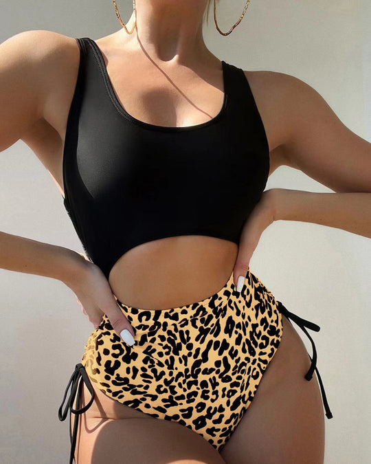 Damen Schwimmanzug mit hohem Schnitt und lebhaftem Leopardenmuster R&B