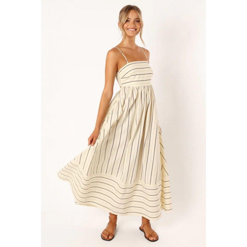 Damen Maxikleid mit feinen Streifen und elastischem Taillenbund R&B