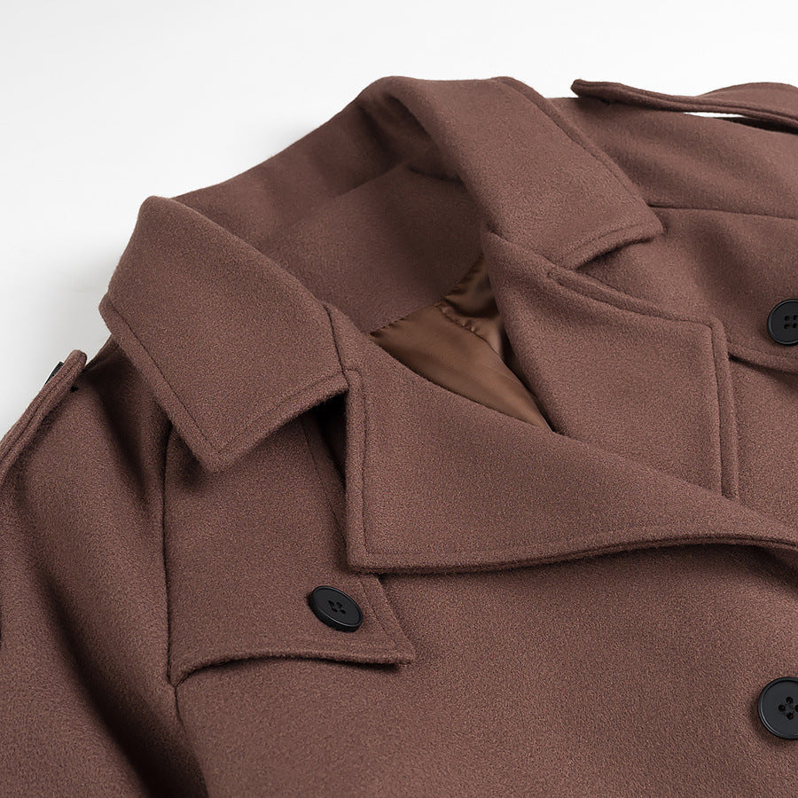 Damen elegante Kurzmantel mit doppelter Knopfreihe und Taillengürtel R&B