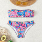 Damen Bandeau-Bikini-Set mit buntem Mustermix und dekorativen Details R&B