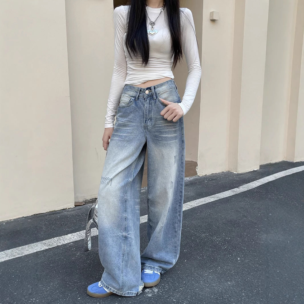Damen Weite Baggy-Jeans mit modischem Used-Effekt und hohen Taschen R&B