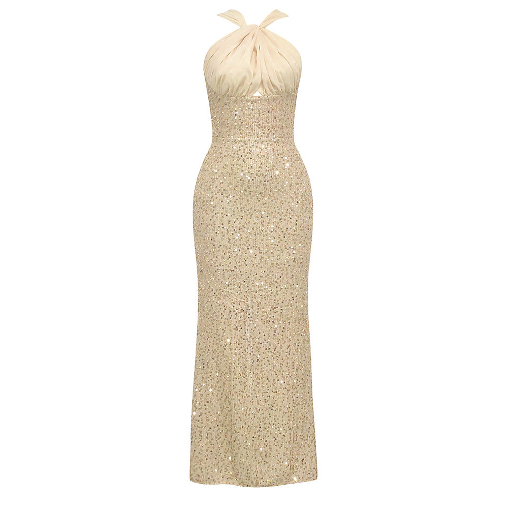 Damen Glamouröses Abendkleid mit funkelndem Paillettenoberteil und elegantem Rückenausschnitt R&B