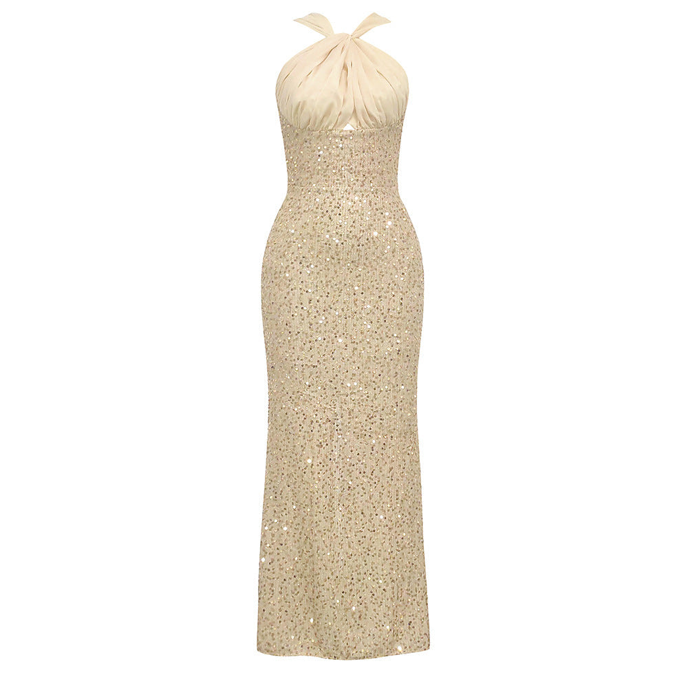 Damen Glamouröses Abendkleid mit funkelndem Paillettenoberteil und elegantem Rückenausschnitt R&B