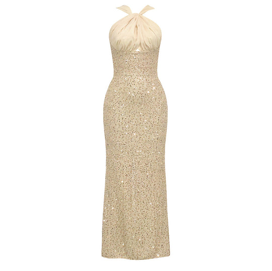 Damen Glamouröses Abendkleid mit funkelndem Paillettenoberteil und elegantem Rückenausschnitt R&B