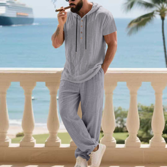 Herren komfortables Freizeit-Set mit modischem Henley-Oberteil und lockeren Hosen R&B