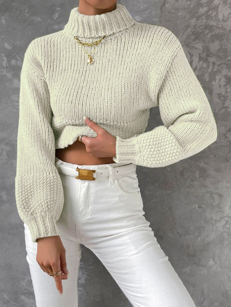 Damen trendiger Pullover mit hoch geschlossenem Kragen und voluminösen Ärmeln R&B