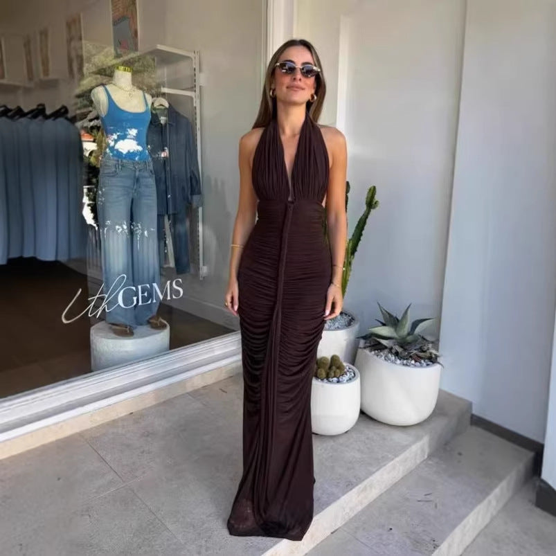 Damen Exquisites gerafftes Maxikleid mit tiefem V-Ausschnitt und eleganten Drapierungen R&B