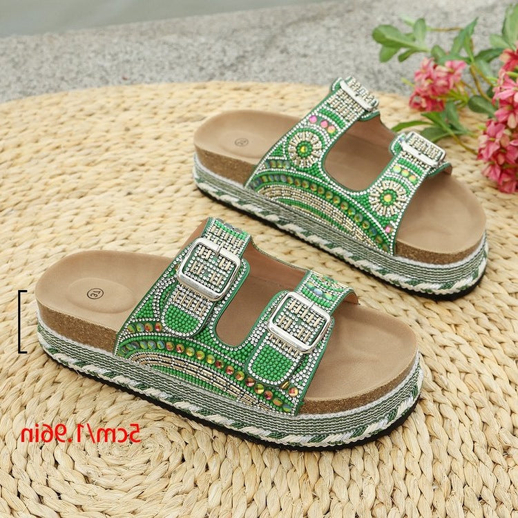 Damen Riemchen-Sandalen mit funkelnden Perlen und verstellbaren Schnallen R&B